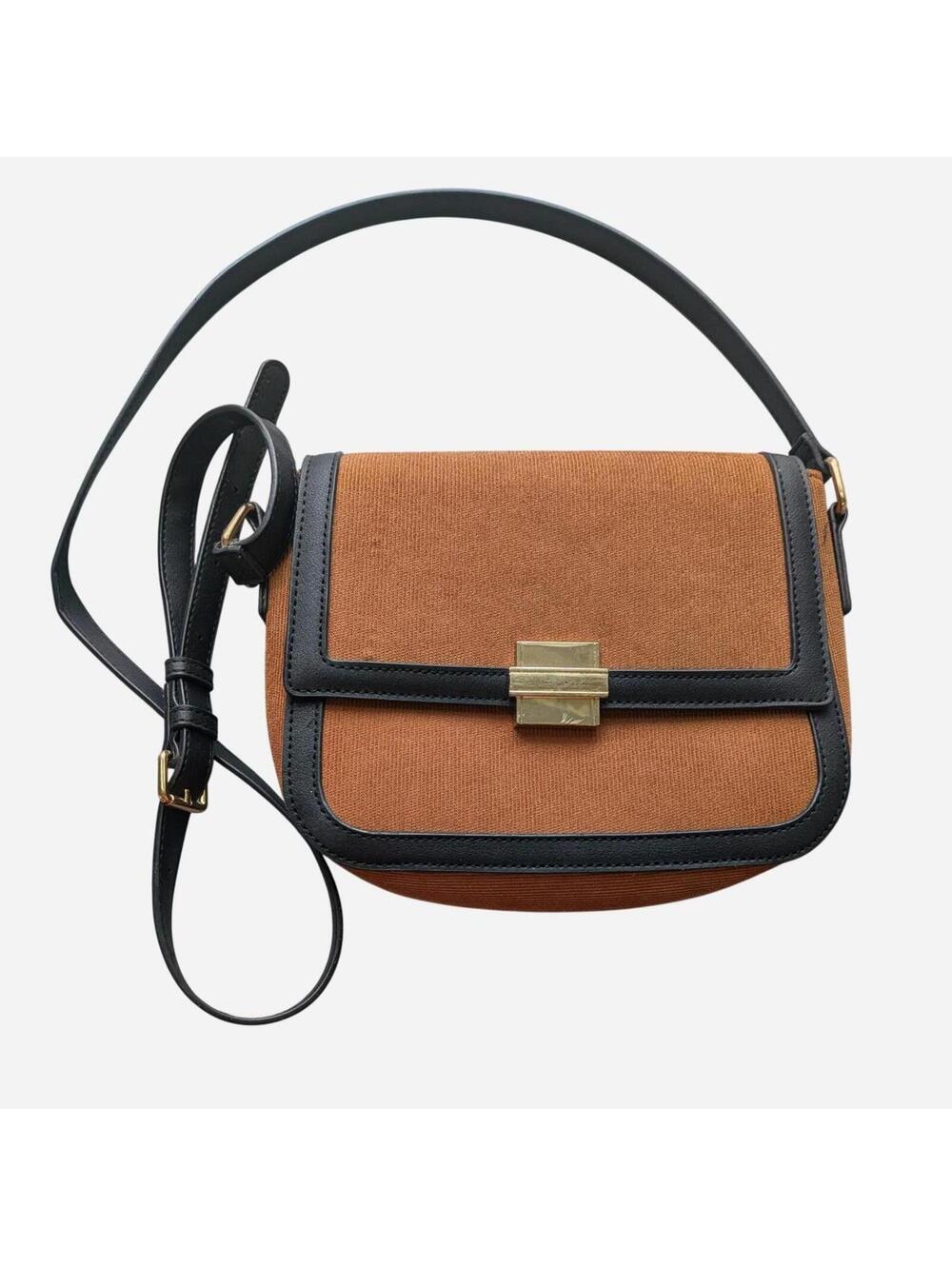 Rust Canvas Black Vegan Leather Trim Saddle Crossbody Bag Gold Push-Lock Clasp
